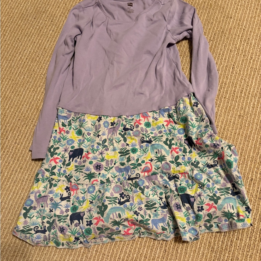 Tea Collection Lavender Long-Sleeve Dress with Multicolor Animal & Floral Skirt